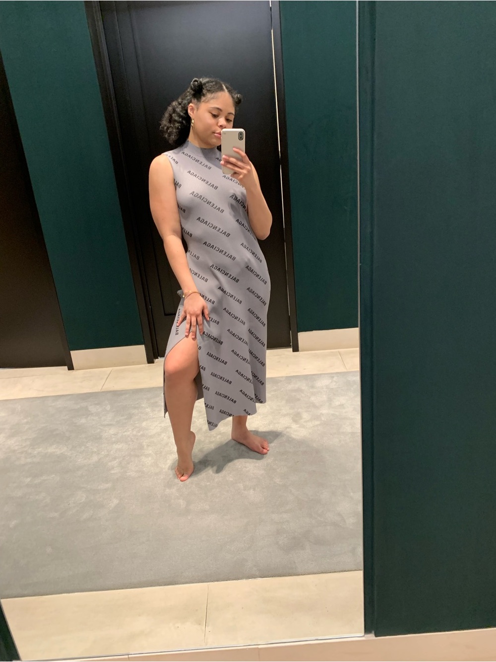 Sleeveless Balenciaga Logo-Print Knitted Wrap Dress in Light Gray